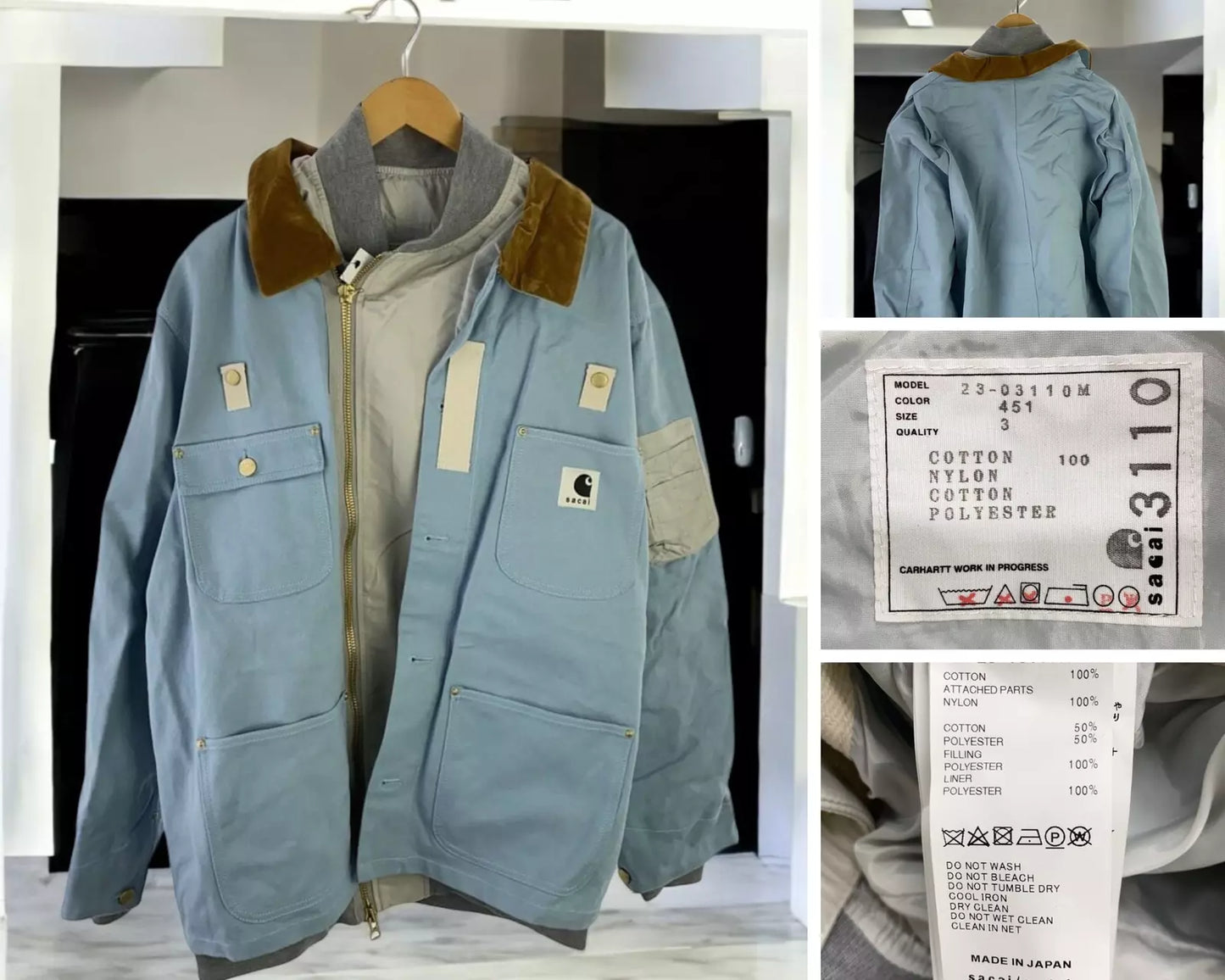 sacai × Carhartt Jacket Blue Cotton Size 3 Model 23-03110M Rare Used from Japan