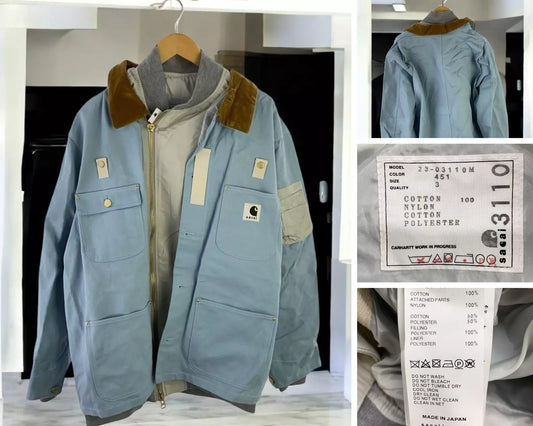 sacai × Carhartt Jacket Blue Cotton Size 3 Model 23-03110M Rare Used from Japan